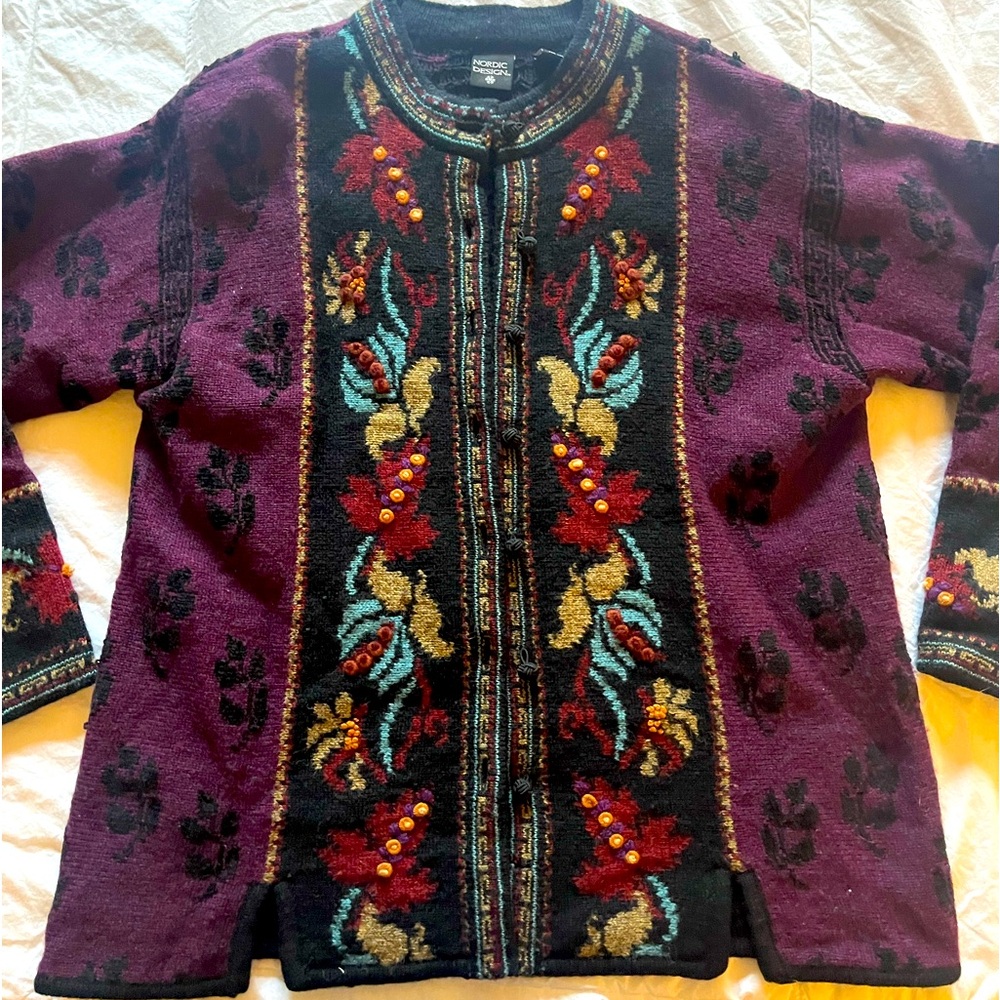 Nordic Design Purple Shetland Wool Norwegian Printed Button Up Sweater